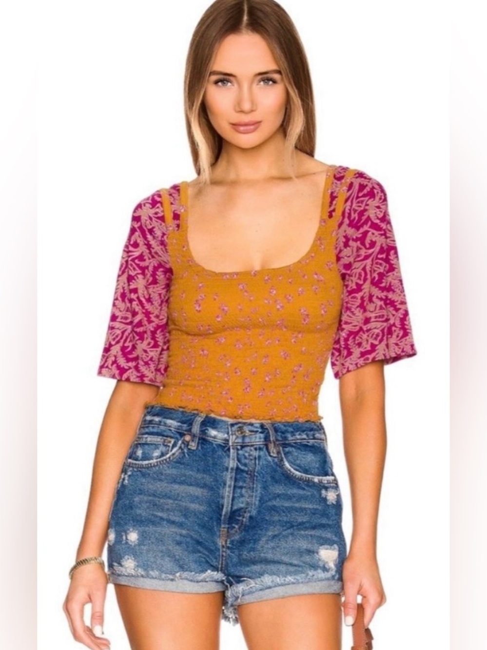 Free People NWT Marigold Floral Scoop Neck Two-Tone Crop Top - Mustard & Magenta